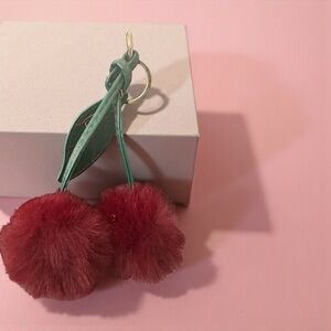 BP Cherry Keychain - Red Pom Pom Cherries Bag Charm  with Leaf Accent New